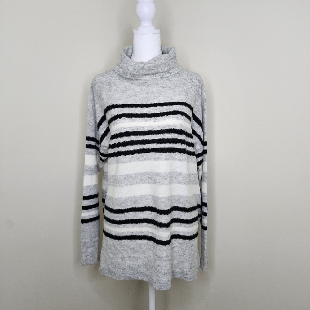 Staccato Gray & Black Striped Turtleneck Oversized Sweater Small Lagenlook Artsy